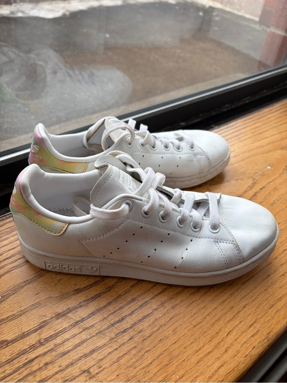 Adidas Stan Smith White Leather Sneakers with Pastel Tie Dye Rainbow Heel